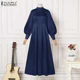 Bohemian Party Satin Dress Vestidos ZANZEA 2022 Casual Puff Sleeve Maxi Long Dress Sundress Casual Solid A-line Oversized Robe