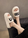 Celebrity Muffin Thick Bottom Letter Wool Slippers Women Wear 2024 Winter New Style Lamb Wool Cotton