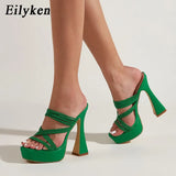 2022 New Green Square toe Narrow Band Slippers Slides Summer Fashion Gladiator Sandals Women Shoes Square Heels