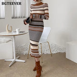 Vintage Striped Ladies Midi Dress 2021 Autumn Elegant Women Stretched Knitted Dress Full Sleeve Female Sweater