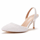Breakj Cm Light-Mouthed Pointed Sandals White Pearl Fine Heel Sandals Large Size Wedding Shoes Bride Wedding Wedding Wedding Shoot Pearl