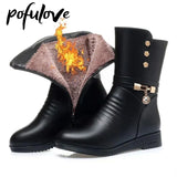 Women Winter Boots Black Fur Boots Leather Ankle Booties Fashion Designer Velvet Plush Warm Botas Flat Shoes