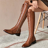 Women Knee High Boots Shoes Genuine Leather Mid Heel Ladies Boots Zipper Cross Tied Thick Heels Long Boots Winter