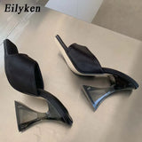 2022 New Silk Green Women's Strange Style Transparent High Heels Slippers Square toe Female Sandalias de