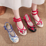 Breakj Heels Single Shoes Embroidered Cloth Shoes Women's Embroidered Shoes Embroidered Shoes Spring And Autumn Retro Plate Buckle Beef Tendon