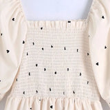 Women Hearts Printing Square Collar Elastic Midi Dress Female Puff Sleeve Clothes Casual Lady Slim Vestido