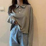 Casual Polo T Shirt Women Long Sleeve Solid Tops Streetwear Turn Dwon Collar Loose Tees Korean Style Tshirt