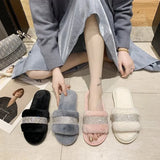 New Wool Mop Indoor Home Plush Slippers Warm Flat Bottom Rhinestone 43 Large