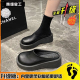 Breakj Platform Bottom Shoes Female Real Leather Skin Cool Drag High Heel Waterproof Table Slippers Summer Outside Slope Heel Head Half