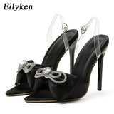Rhinestone Silk Butterfly-knot Women Mule high heels Slippers Sandals Pointed toe Strappy Slides Party shoes size