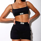 Puss Sexy Embroidery Women Camisole Sporty+Biker Shorts Set Cotton Letter Print Elastic Tracksuit Fitness Holiday