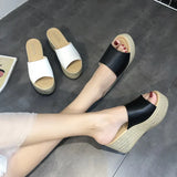 Breakj Cake Slippers Women Cool Drag Slope With High Heel 7CM Word Drag Leather Large Size Women's Shoes 35-42
