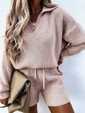 Casual Women's Suit Knitted Fitness Turn-down Collar Sweatershirt Lace Up Shorts Loose Fashion Female Tracksuit
