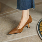 Breakj Spring And Summer New Splicing Brown Light Mouth Single Shoes Female French Pointed Female Thin Heel Simple Temperament High