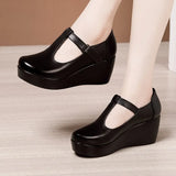 Plus Size 32-43 T Strap Leather Wedges Shoes for Women 2021 High Heels Shoes Ladies Platform Shoes Mother Dance