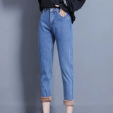 Jeans Pants For Women Winter Wear Mom Straight Denim Pants With Fleeces Ladies Thick Warm Female Pencil Denim