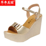 New High Slope Heel Sandals Women's Muffin Thick Bottom Waterproof Table One Word Buckle Gold Small Size 3233 Fish Mouth