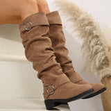Breakj And Winter New Folded Flat Bottom Western Cowboy Boots Buckle Boots Coarse And Thin Barrel Knight