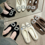 Breakj Square Buckle Pointed Head Shallow Single Shoes Women 2023 Temperament A Foot Pedal Wool Shoes To Keep Warm And Comfortable Pregnant
