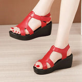 Leather Slope Heel Sandals Women 2023 Summer New Muffin Thick Soles Waterproof Platform With Large Heels Mother Sandals