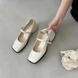 Breakj 2025 New Square Heel Mary Jane Shoes British Wind Head Black Leather Shoes Lefu Single