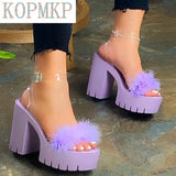 Feather Women Sandals with Chunky Heels and Waterproof Platform One-button Shoes for Women 2022 Summer New Princess