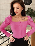 Knitted Ribbed Top Square Collar Ladies Sexy Puff Sleeve Ladies Skinny Button 2021 Autumn Basic Korean Casual