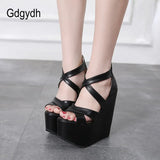 Height 17cm Platform Wedges Shoes Black White With Cross Straps Ultra High Heel Hot Footwear Sandals Zipper Party On