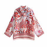 Chic Peahen Print Women Sets 2021za Summer Fashion Ladies Loose Satin Boho Suits Girls Chic Shirts