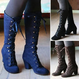 High Boots Autumn Knight Boots Gothic Female Mid Calf Lacing Martin Boots Women Size 42 High Heel Boots Botas De