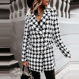 Fashion Autumn Winter Women Lapel Print Woolen Coat Casual Suit Buttons Cardigan Long Sleeve Coat Elegant Slim Office