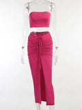 Two Piece Sets Women Ankle-Length Skirts Women Tube Crop Top Sexy Party Outfit Beachwear Split Drawstring Folds