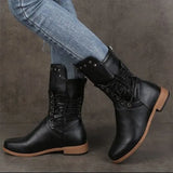 Mid Calf Boots Lace Up Boots Female Women Shoes Rivet Low Heels Zip Footwear Leather Women's Short Boots Plus Size