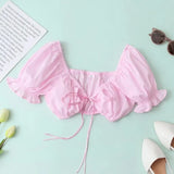 White Lace Up Bow tie Sexy Short Blouse Women Summer 2021 Casual Puff Sleeve Small Shirts femme Crop Tops