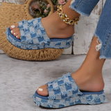 Women's Shoes Summer New Slope Heels Thick-Soled Beggars Large Size Women In Denim Slippers Outside The