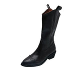 Western Mid Calf Boots PU Leather Boot Ladies Black Cowboy Retro Women's Working Oxford Shoes Female Vintage