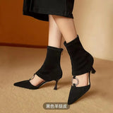 2022 Womens Pointed The Knee Boots Cut Out Rhinestones Square Circle Buckle High Heel Shoes Real Leather Black High