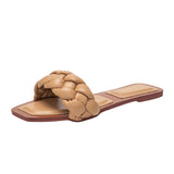 Weave Slippers Flat Sandals Open Toes Square Soft Green Foot Pad Leisure Large Size 37-42 Flip Flops Office Women