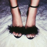 Pink Black Suede Fur Women Sandals Girls Stiletto Heels Fluffy Wedding Pumps Buckle Strap Shoes Dropship Pom Pom