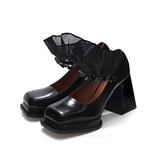 Mary Jane High-heeled Shoes Spring Autumn Lace Rhinestone Elegant 2021 Word Square Heel Platform Fashion Leather Shoe