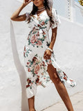 Summer Short Sleeve Belted Women Long Dress Lady Fashion Floral Print Boho Dress New Wrap V Neck Ruffle Irregular Party