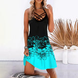New Women Halter Mini Dress Sexy Sleeveless Beach Dress Ladies Cross O Neck Sundress Vacation Floral Print Clothes