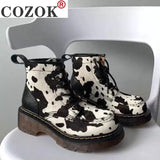 Motorcycle Boots Autumn Winter Fashion Solid Color Martin Boots Women High Quality Comfortable Cow pattern Female