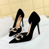Breakj Banquet High Heels Fine Heel Shallow Mouth Tip Side Hollow Out And Thick Suede Water Diamond Button Bow Single
