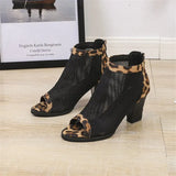 Women Boots Mesh Suede Ankle Boots Lace 2019 Summer Boots Zapatos Chaussures Femme Zipper Square High Heel Leopard Women