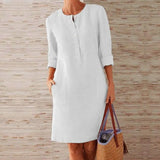 2020 Winter Autumn Button Cotton Linen Dress women Elegant O-Neck Knee length Long Sleeve Pocket Solid Dress Plus Size