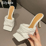 2022 New Summer Design Weave Square Toe Heels High Quality Slippers Gladiator Beach Womens Sandal Slides