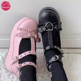 Brand Sweet Black Halloween Vampire Gothic Lolita Shoes Girl Pink Punk Bat Wings Ruffles Mary Janes Flats Platform Pumps