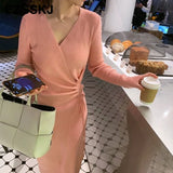 2021 thick dress warm autumn winter maix sweater dress women bodycon v-neck Drawstring long dress female slim elegant