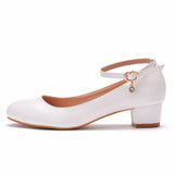 Breakj 3 Cm Square With Round Head Single Shoe One-Word Wristband Single Shoe Spring And Autumn Wedding Shoes Female White Wedding